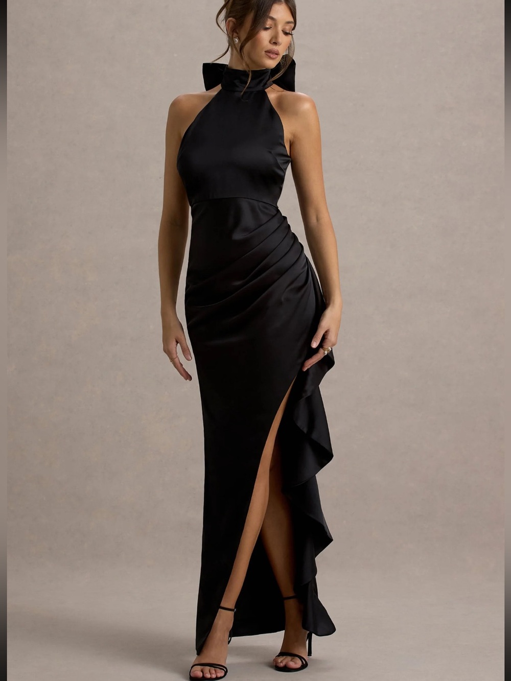 Club L London Maureen Black Satin High-Neck Drape Bow Maxi Dress